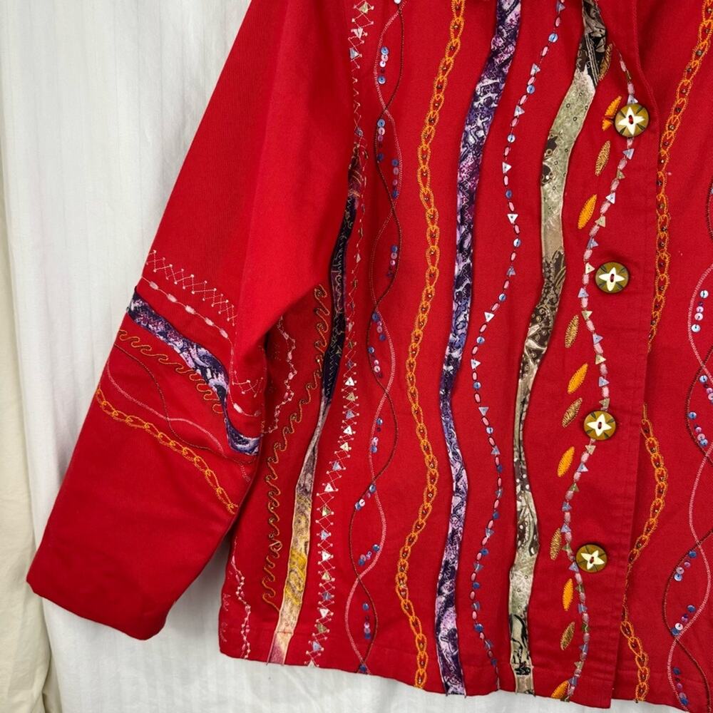 Coldwater Creek Vintage Red Textured Blazer Women Petite Large Embellished Boho - Picture 2 of 9